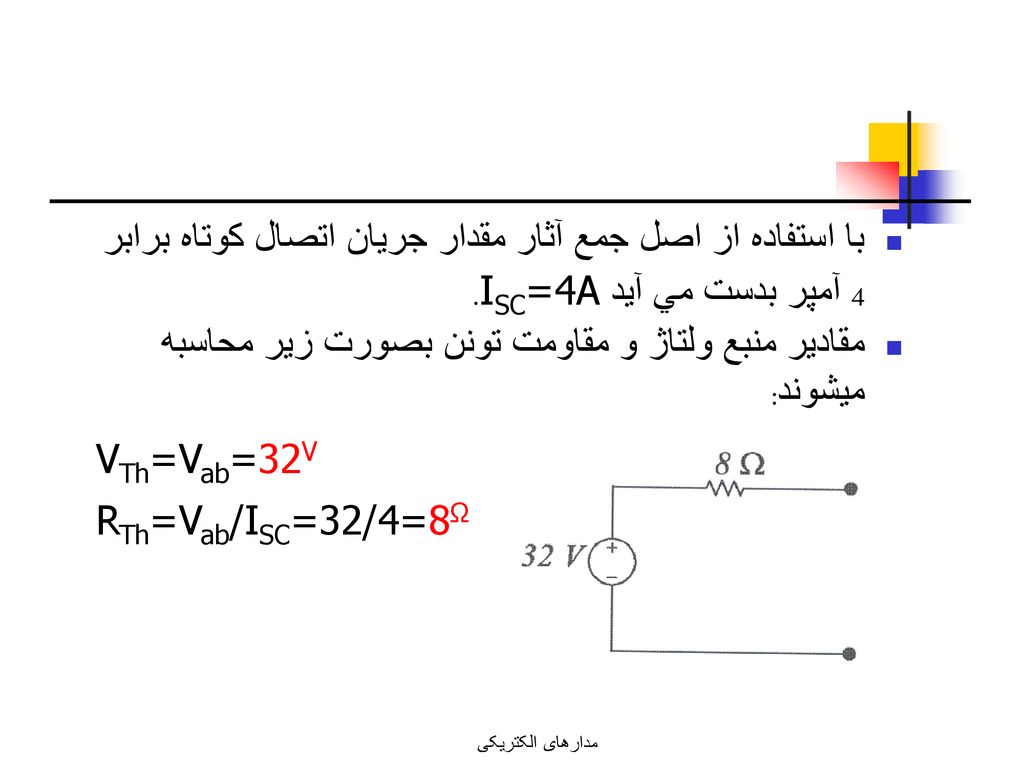 مقادير منبع ولتاژ و مقاومت تونن بصورت زير محاسبه ميشوند: VTh=Vab=32V