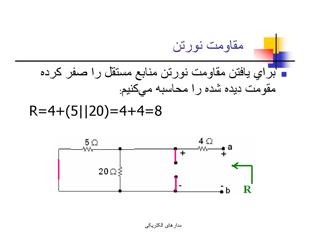 مقاومت نورتن براي يافتن مقاومت نورتن منابع مستقل را صفر كرده مقومت ديده شده را محاسبه مي‌كنيم: R=4+(5||20)=4+4=8.