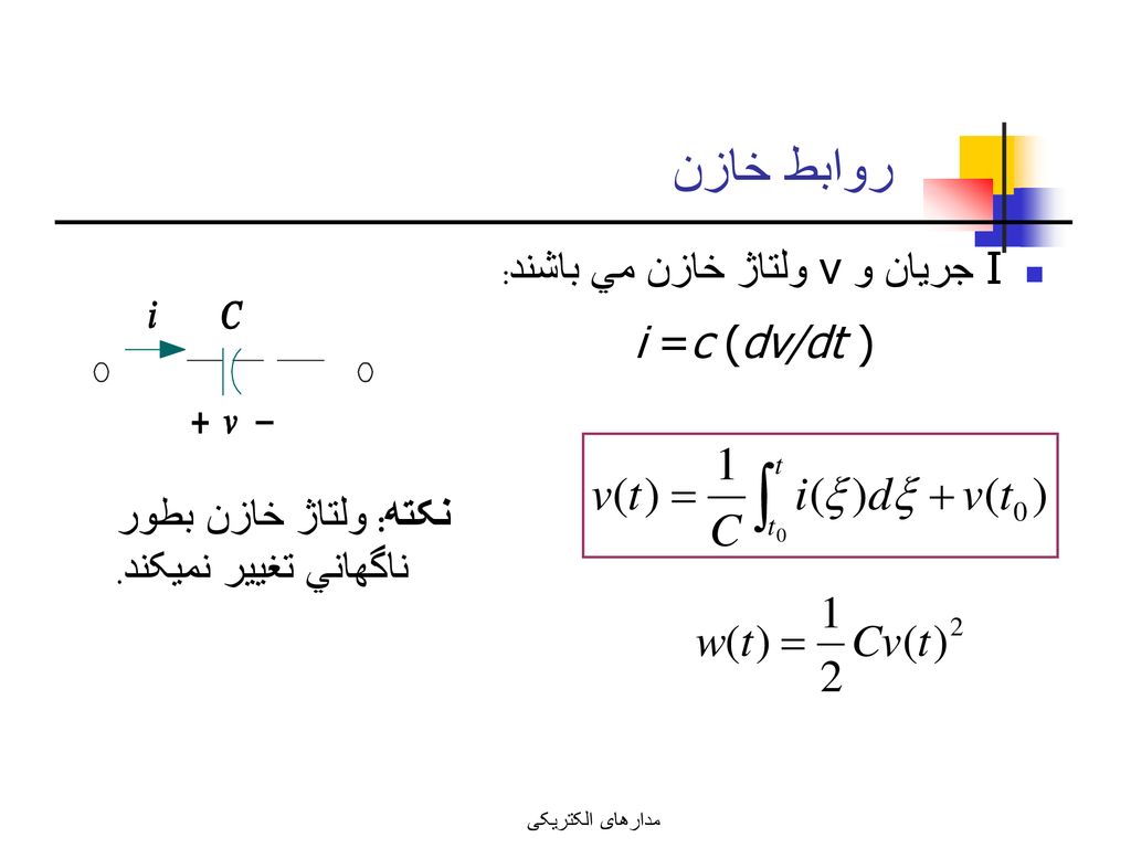 روابط خازن I جريان و v ولتاژ خازن مي باشند: i =c (dv/dt )
