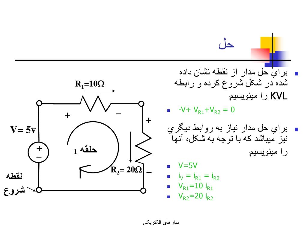 حل براي حل مدار از نقطه نشان داده شده در شکل شروع کرده و رابطه KVL را مينويسيم: -V+ VR1+VR2 = 0.