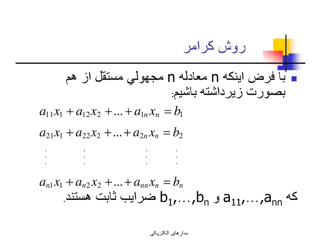 روش كرامر با فرض اينكه n معادله n مجهولي مستقل از هم بصورت زيرداشته باشيم: كه a11,…,ann و b1,…,bn ضرايب ثابت هستند.