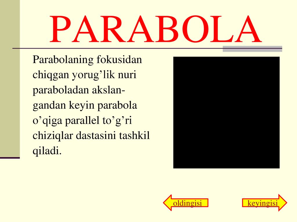 PARABOLA Parabolaning fokusidan chiqgan yorug’lik nuri