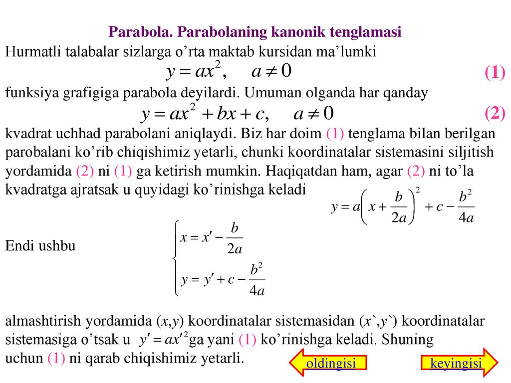 Parabola. Parabolaning kanonik tenglamasi