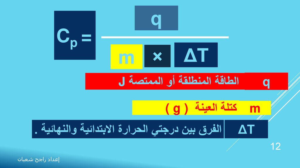 q Cp = ΔT m × الطاقة المنطلقة أو الممتصةJ q كتلة العينة ( g ) m
