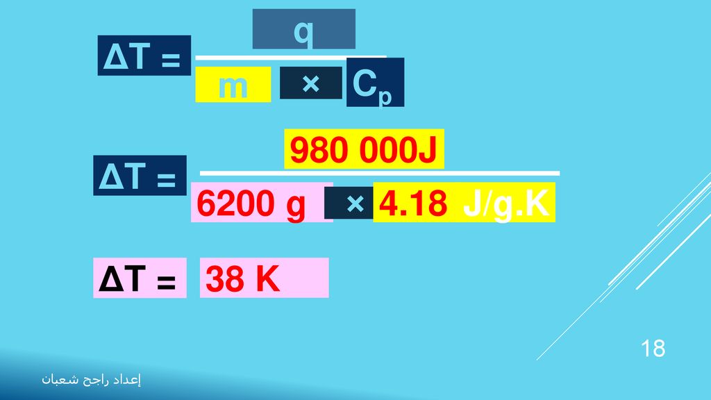 q ΔT = Cp m × J ΔT = 6200 g 4.18 J/g.K × ΔT = 38 K