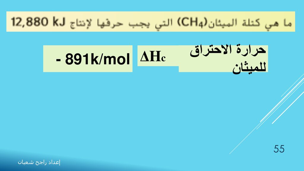 - 891k/mol ΔHc حرارة الاحتراق للميثان