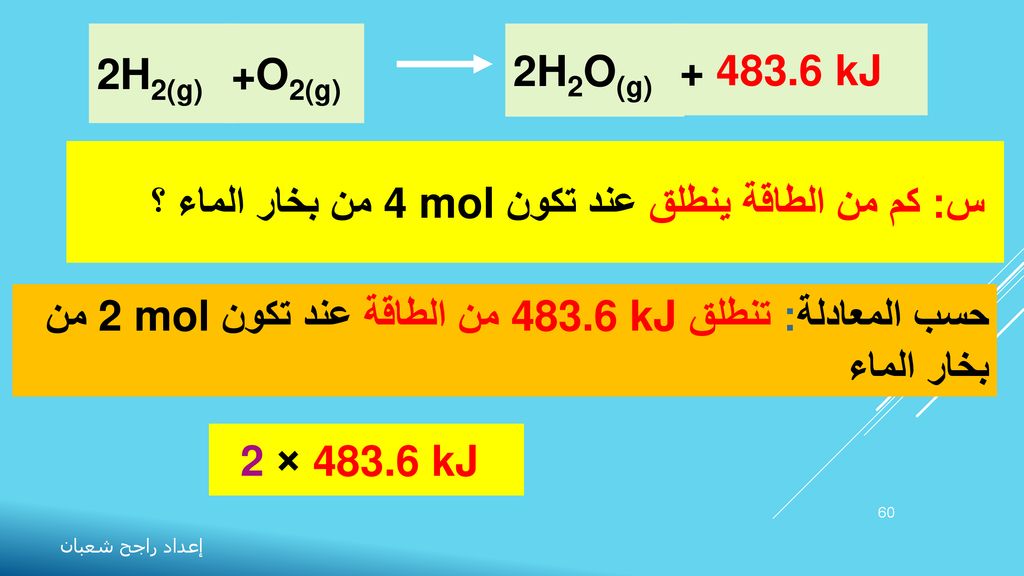 2H2(g) +O2(g) 2H2O(g) kJ. س: كم من الطاقة ينطلق عند تكون 4 mol من بخار الماء ؟