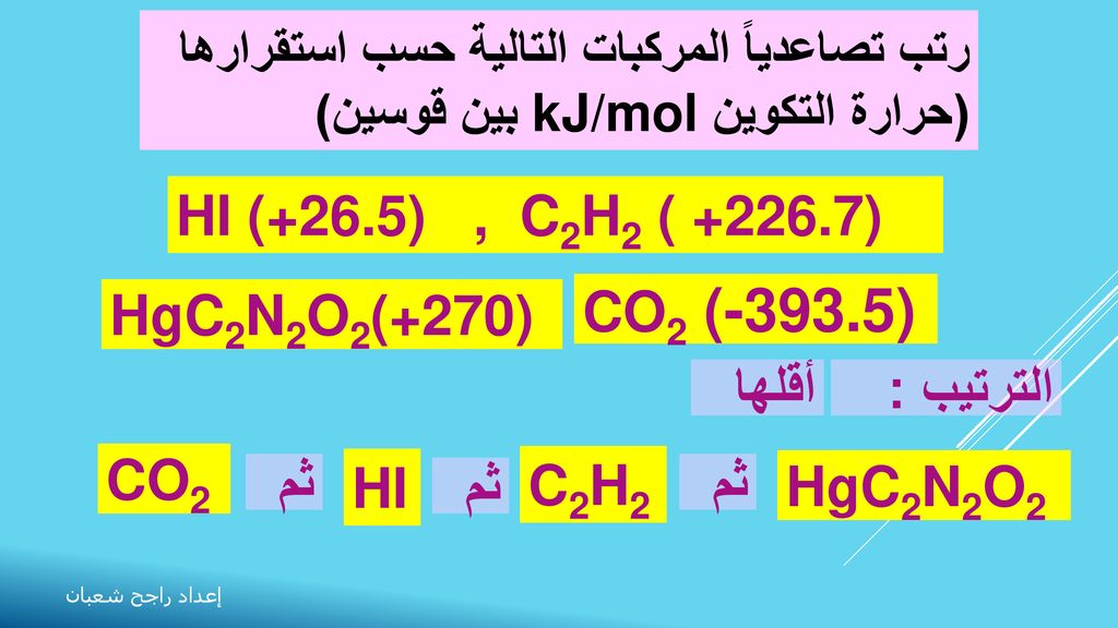 HI (+26.5) , C2H2 ( ) HgC2N2O2(+270) CO2 (-393.5) الترتيب :