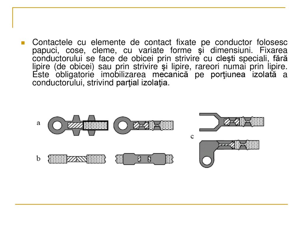 Contactele cu elemente de contact fixate pe conductor folosesc papuci, cose, cleme, cu variate forme şi dimensiuni.