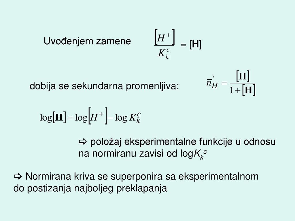 Uvođenjem zamene = [H] dobija se sekundarna promenljiva:  položaj eksperimentalne funkcije u odnosu.