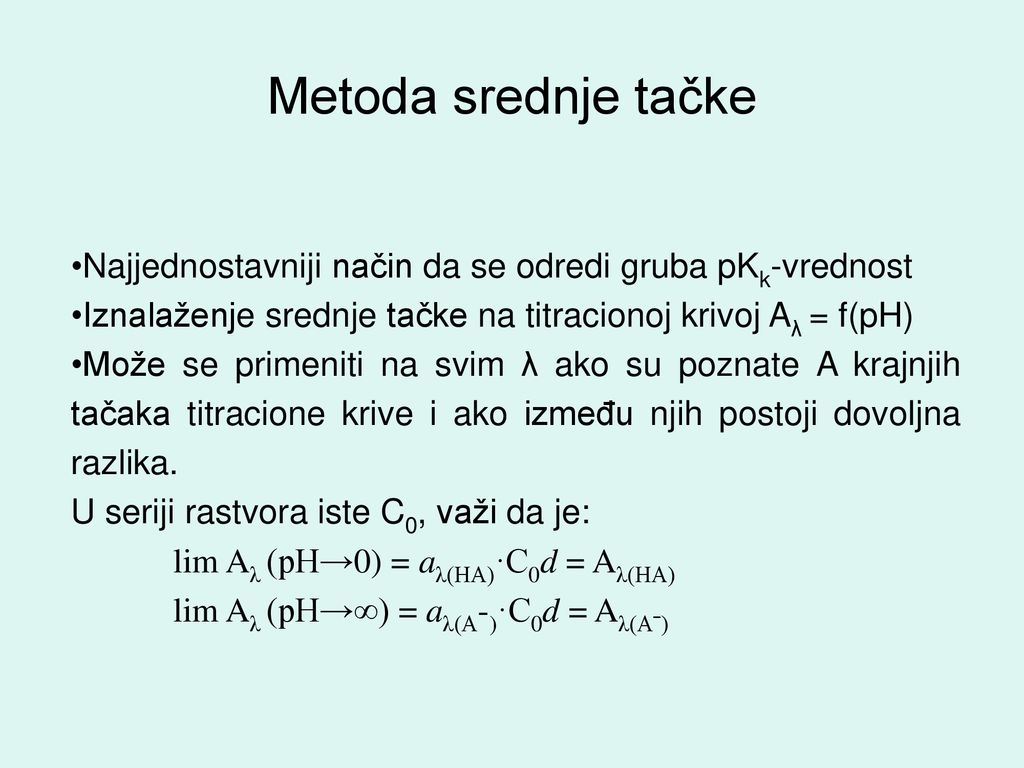 Metoda srednje tačke Najjednostavniji način da se odredi gruba pKk-vrednost. Iznalaženje srednje tačke na titracionoj krivoj Aλ = f(pH)