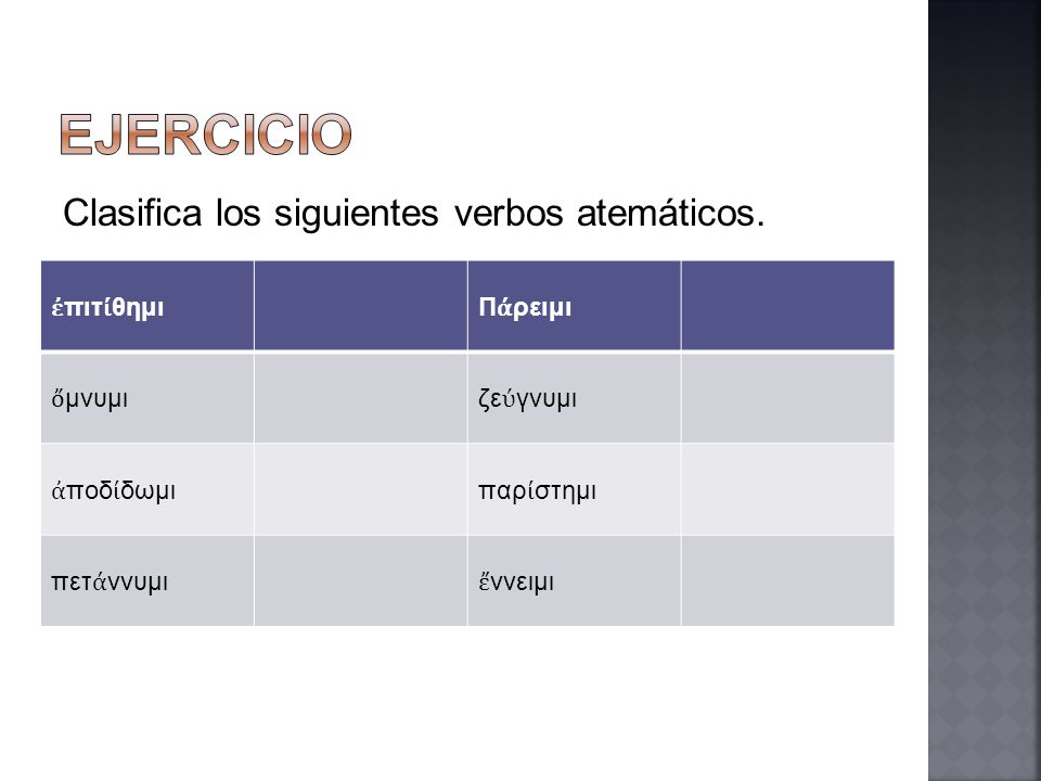 EJERCICIO Clasifica los siguientes verbos atemáticos. ἐπιτίθημι