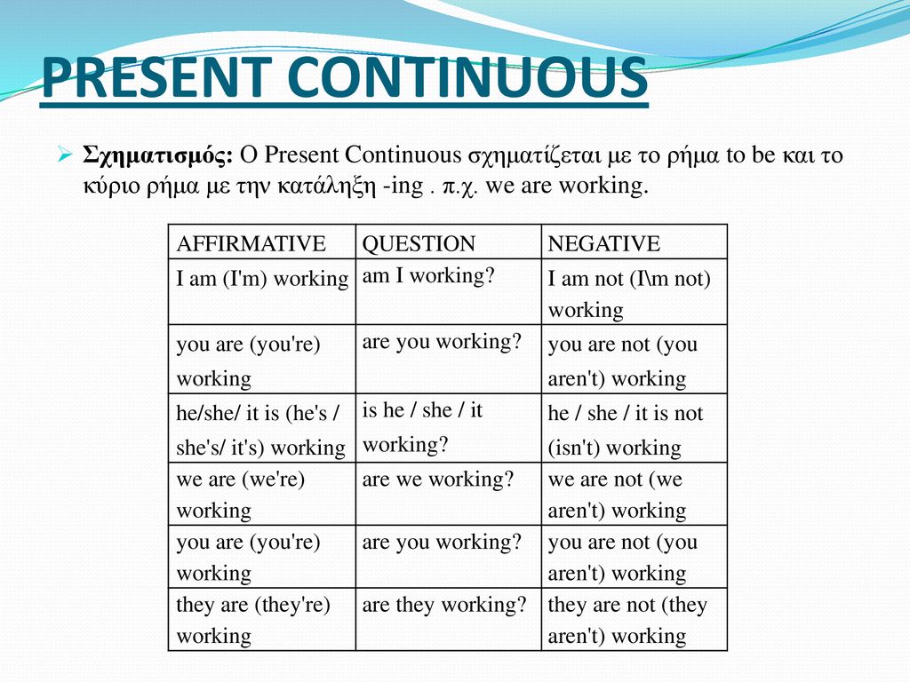PRESENT CONTINUOUS Σχηματισμός: Ο Present Continuous σχηματίζεται με το ρήμα to be και το κύριο ρήμα με την κατάληξη -ing . π.χ. we are working.