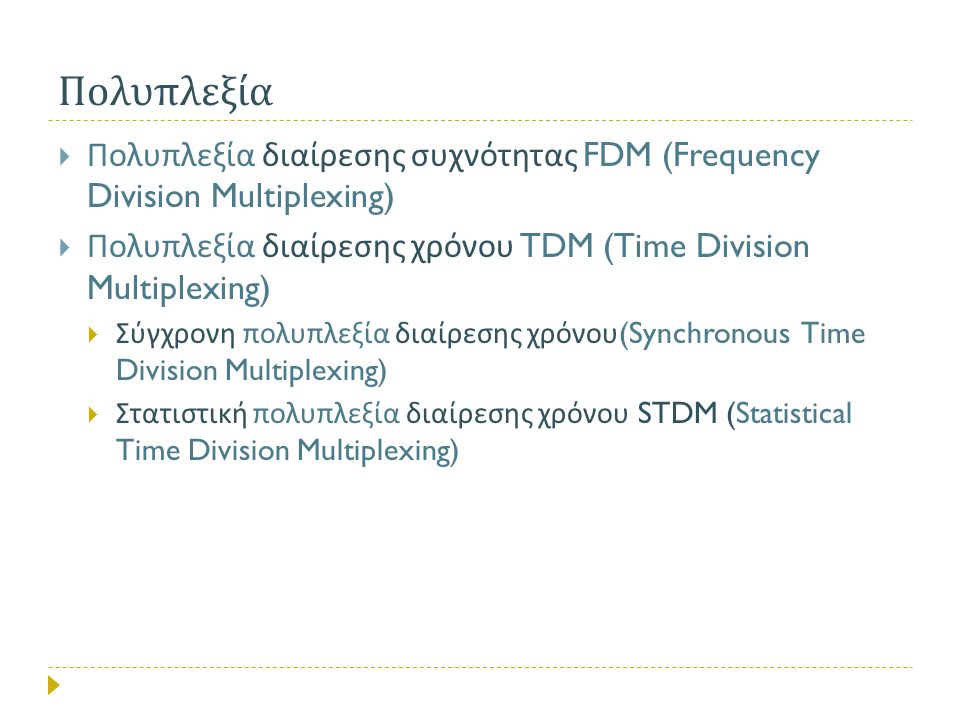 Πολυπλεξία Πολυπλεξία διαίρεσης συχνότητας FDM (Frequency Division Multiplexing) Πολυπλεξία διαίρεσης χρόνου TDM (Time Division Multiplexing)