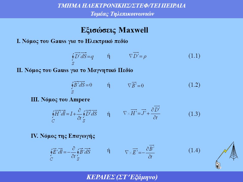 Εξισώσεις Maxwell Ι. Νόμος του Gauss για το Ηλεκτρικό πεδίο ή (1.1)