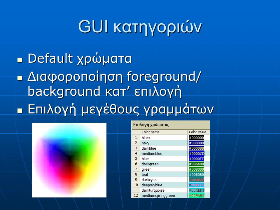 GUI κατηγοριών Default χρώματα