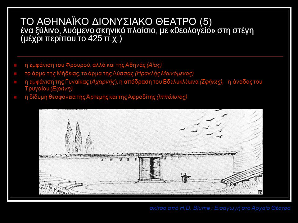 ΤΟ ΑΘΗΝΑΪΚΟ ΔΙΟΝΥΣΙΑΚΟ ΘΕΑΤΡΟ (5) ένα ξύλινο, λυόμενο σκηνικό πλαίσιο, με «θεολογείο» στη στέγη (μέχρι περίπου το 425 π.χ.)