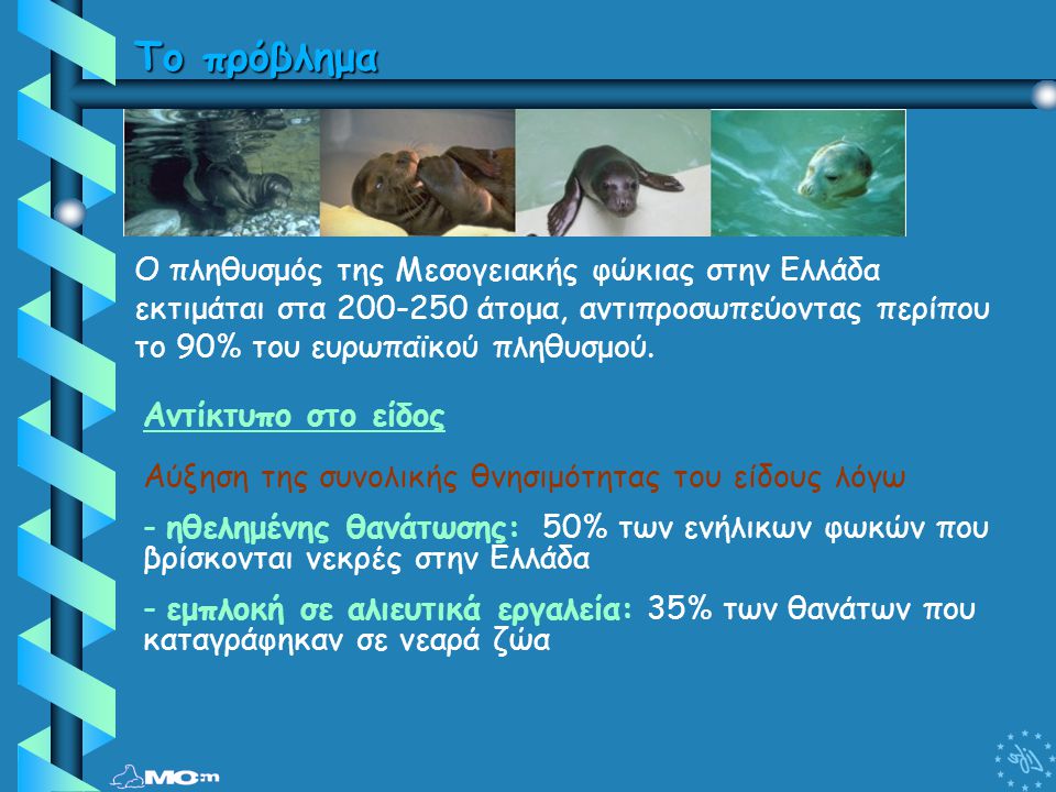 Το πρόβλημα Ο πληθυσμός της Μεσογειακής φώκιας στην Ελλάδα εκτιμάται στα άτομα, αντιπροσωπεύοντας περίπου το 90% του ευρωπαϊκού πληθυσμού.
