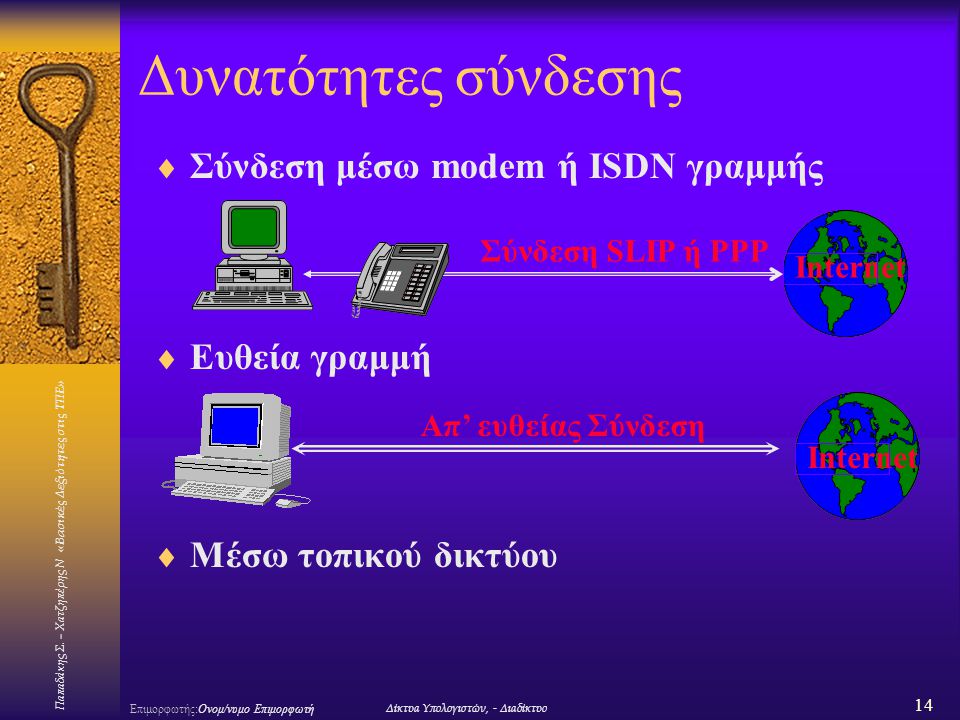 Δυνατότητες σύνδεσης Σύνδεση μέσω modem ή ISDN γραμμής Ευθεία γραμμή