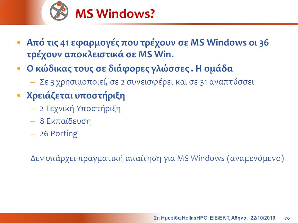 MS Windows Από τις 41 εφαρμογές που τρέχουν σε MS Windows οι 36 τρέχουν αποκλειστικά σε MS Win. Ο κώδικας τους σε διάφορες γλώσσες . Η ομάδα.