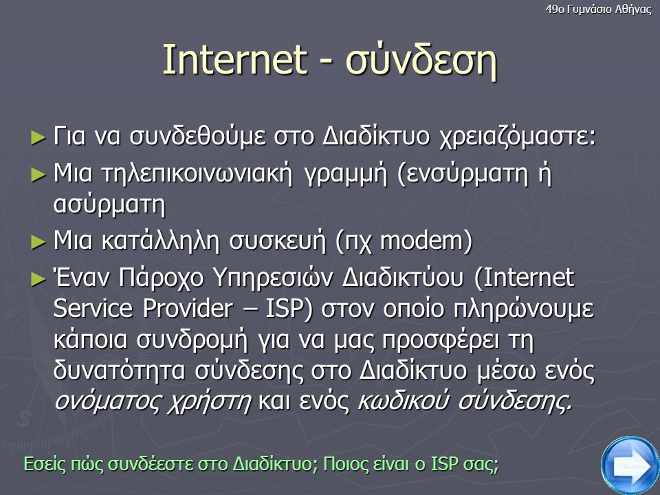 Internet - σύνδεση Για να συνδεθούμε στο Διαδίκτυο χρειαζόμαστε: