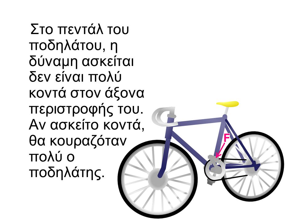 Στο πεντάλ του ποδηλάτου, η δύναμη ασκείται δεν είναι πολύ κοντά στον άξονα περιστροφής του.