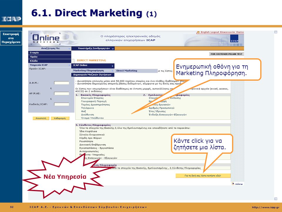 6.1. Direct Marketing (1) Ενημερωτική οθόνη για τη Marketing Πληροφόρηση. Κάντε click για να ζητήσετε μια λίστα.