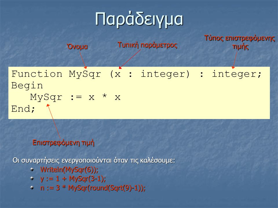 Παράδειγμα Function MySqr (x : integer) : integer; Begin