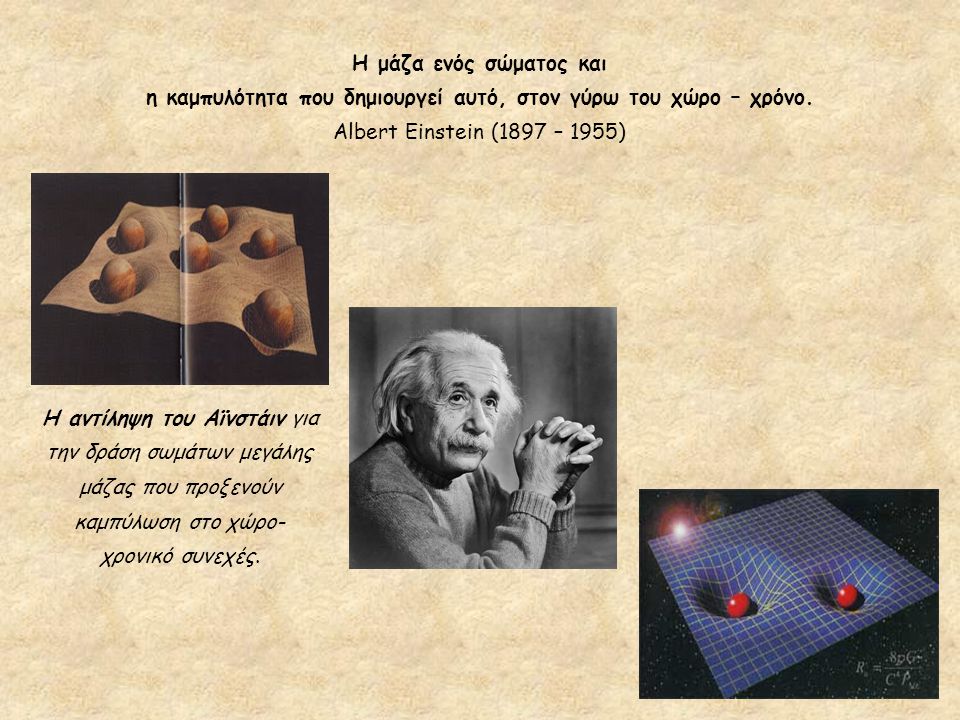 Η μάζα ενός σώματος και η καμπυλότητα που δημιουργεί αυτό, στον γύρω του χώρο – χρόνο. Albert Einstein (1897 – 1955)