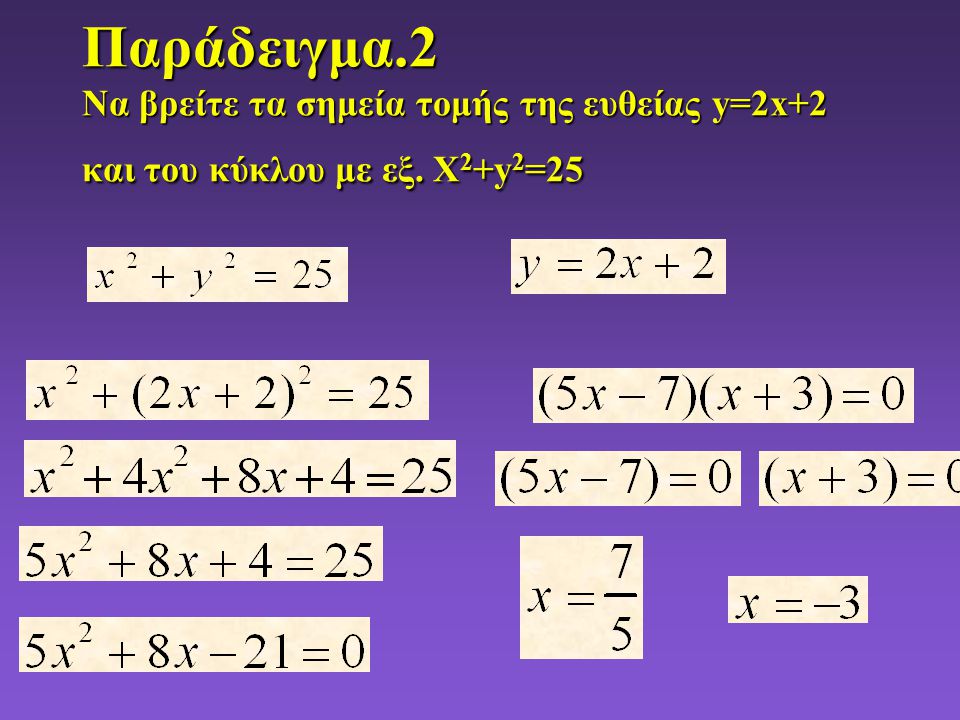 Παράδειγμα.2 Να βρείτε τα σημεία τομής της ευθείας y=2x+2 και του κύκλου με εξ. X2+y2=25