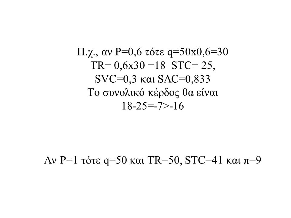 Π.χ., αν P=0,6 τότε q=50x0,6=30 TR= 0,6x30 =18 STC= 25, SVC=0,3 και SAC=0,833 Το συνολικό κέρδος θα είναι 18-25=-7>-16 Αν P=1 τότε q=50 και TR=50, STC=41 και π=9