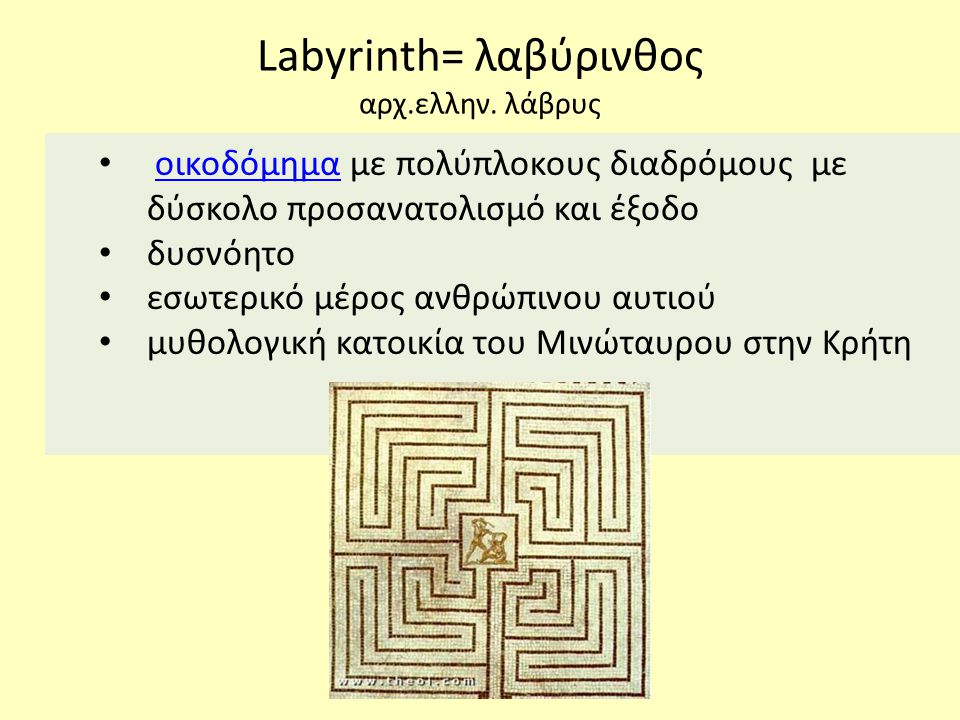 Labyrinth= λαβύρινθος αρχ.ελλην. λάβρυς