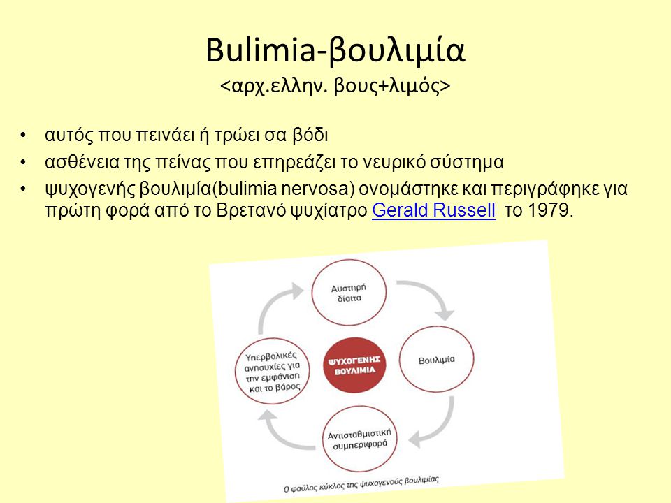 Bulimia-βουλιμία <αρχ.ελλην. βους+λιμός>