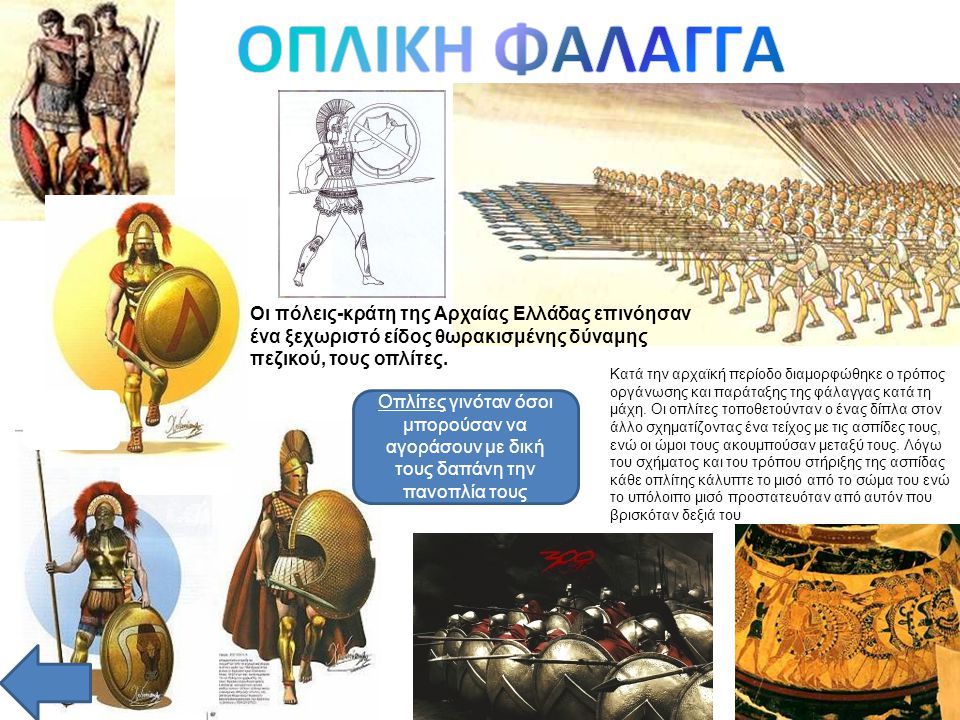 ΟΠΛΙΚΗ ΦΑΛΑΓΓΑ Οι πόλεις-κράτη της Αρχαίας Ελλάδας επινόησαν ένα ξεχωριστό είδος θωρακισμένης δύναμης πεζικού, τους οπλίτες.