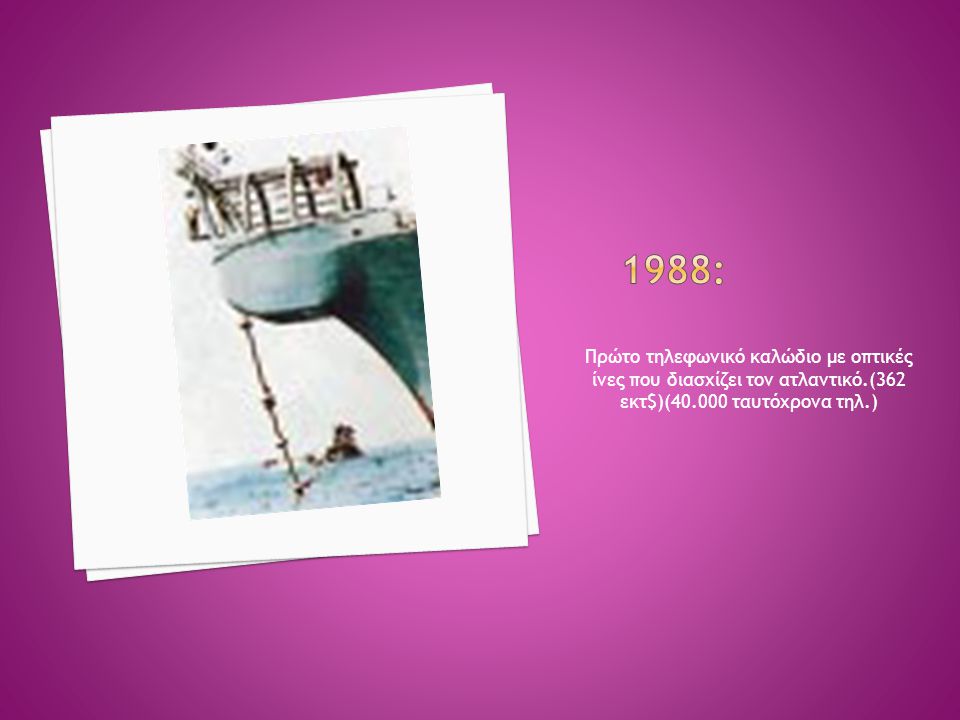 1988: Πρώτο τηλεφωνικό καλώδιο με οπτικές ίνες που διασχίζει τον ατλαντικό.(362 εκτ$)( ταυτόχρονα τηλ.)