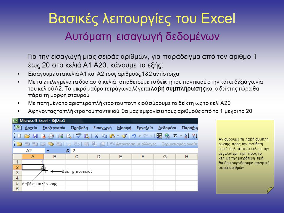 Βασικές λειτουργίες του Excel Αυτόματη εισαγωγή δεδομένων