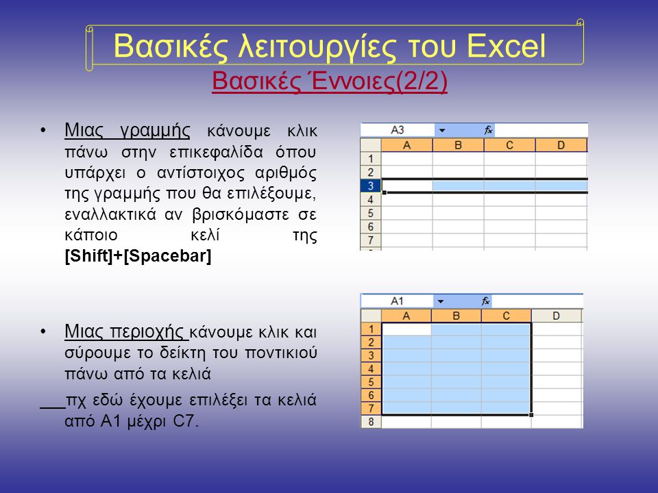 Βασικές λειτουργίες του Excel Βασικές Έννοιες(2/2)