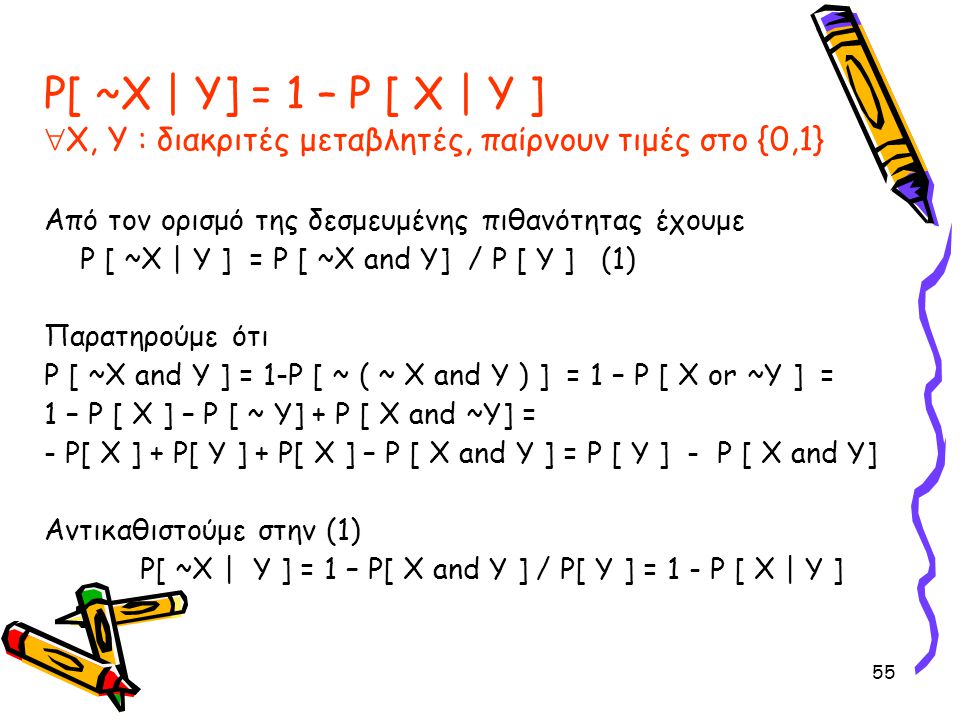 P[ ~X | Y] = 1 – P [ X | Y ] Χ, Υ : διακριτές μεταβλητές, παίρνουν τιμές στο {0,1}