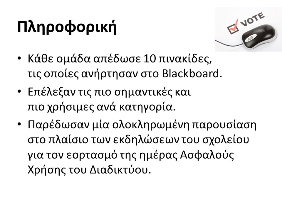 Πληροφορική Κάθε ομάδα απέδωσε 10 πινακίδες, τις οποίες ανήρτησαν στο Blackboard. Επέλεξαν τις πιο σημαντικές και πιο χρήσιμες ανά κατηγορία.