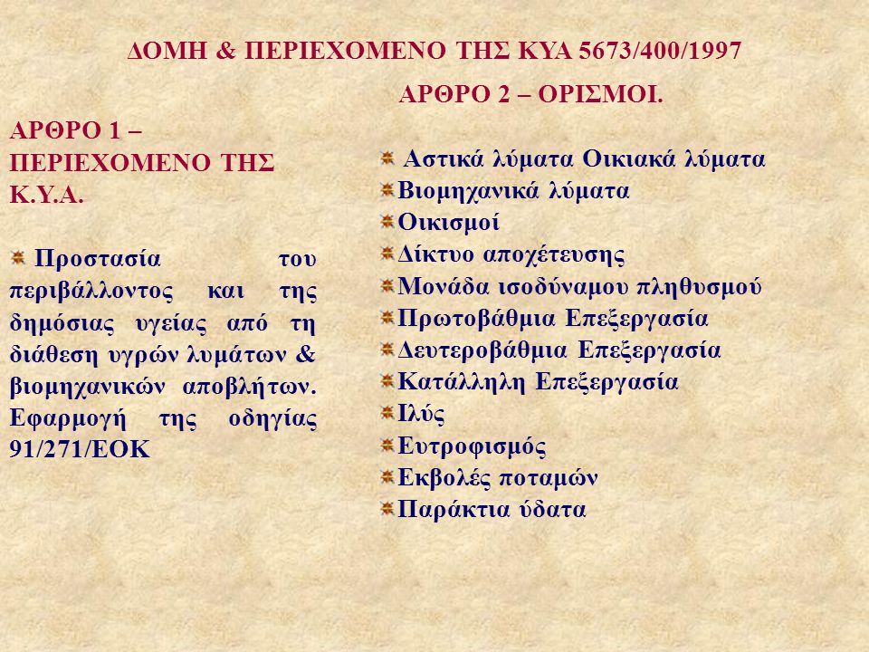 ΔΟΜΗ & ΠΕΡΙΕΧΟΜΕΝΟ ΤΗΣ ΚΥΑ 5673/400/1997