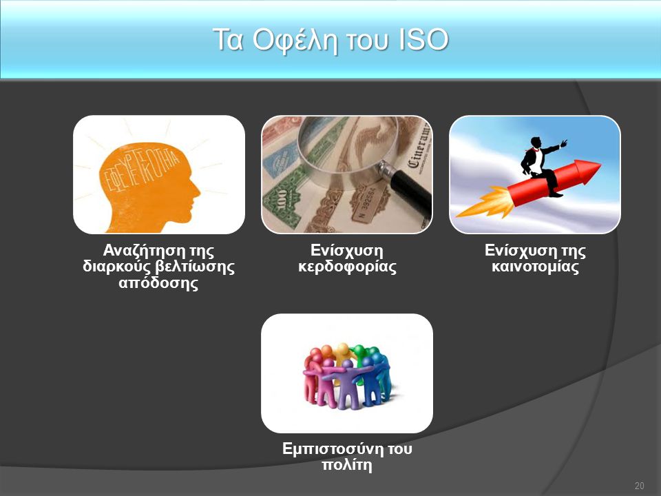 Τα Οφέλη του ISO Οφέλη Αναζήτηση της διαρκούς βελτίωσης απόδοσης
