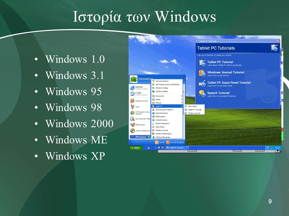 Ιστορία των Windows Windows 1.0 Windows 3.1 Windows 95 Windows 98