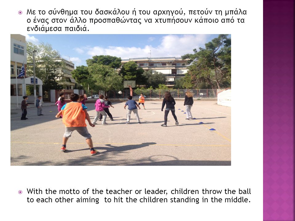 Με το σύνθημα του δασκάλου ή του αρχηγού, πετούν τη μπάλα ο ένας στον άλλο προσπαθώντας να χτυπήσουν κάποιο από τα ενδιάμεσα παιδιά.
