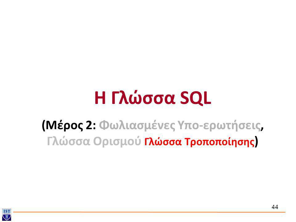 Η Γλώσσα SQL (Μέρος 2: Φωλιασμένες Υπο-ερωτήσεις, Γλώσσα Ορισμού Γλώσσα Τροποποίησης)