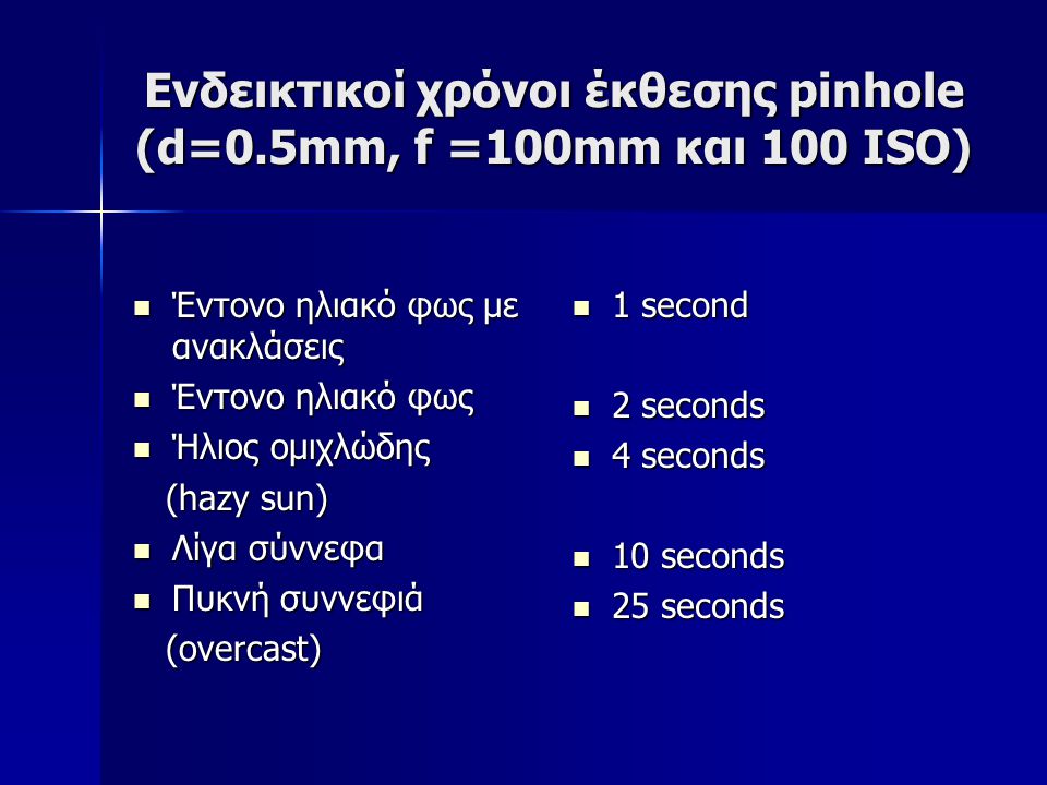 Ενδεικτικοί χρόνοι έκθεσης pinhole (d=0.5mm, f =100mm και 100 ISO)