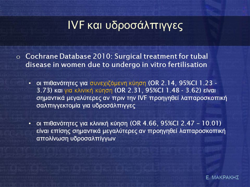 IVF και υδροσάλπιγγες Cochrane Database 2010: Surgical treatment for tubal disease in women due to undergo in vitro fertilisation.