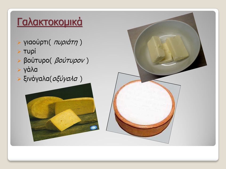 Γαλακτοκομικά γιαούρτι( πυριάτη ) τυρί βούτυρο( βούτυρον ) γάλα