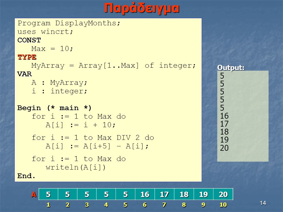 Παράδειγμα Program DisplayMonths; uses wincrt; CONST Max = 10; TYPE