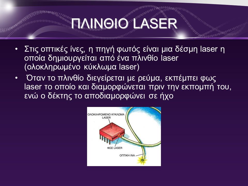 ΠΛΙΝΘΙΟ LASER Στις οπτικές ίνες, η πηγή φωτός είναι μια δέσμη laser η οποία δημιουργείται από ένα πλινθίο laser (ολοκληρωμένο κύκλωμα laser)