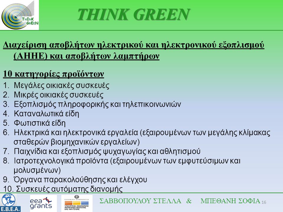 THINK GREEN Διαχείριση αποβλήτων ηλεκτρικού και ηλεκτρονικού εξοπλισμού (ΑΗΗΕ) και αποβλήτων λαμπτήρων.
